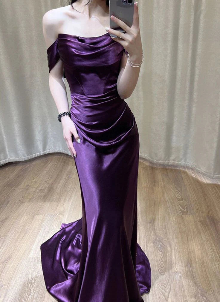 Weitese Dress Prom Dress Stores Purple Off Shoulder Mermaid Satin Long Party Dress Evening Dress Formal Dresses